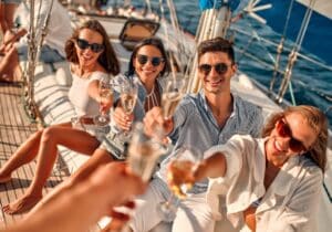 Grupo de amigos brindando con cava en un velero durante una experiencia en el mar en la Costa Blanca