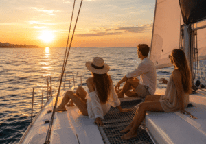 Grupo disfrutando del atardecer en un catamarán durante la experiencia Golden Sunset de Miss Flamingo en Torrevieja