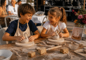 Dos niños modelando un flamenco de arcilla y disfrutando de un taller creativo al aire libre en Torrevieja